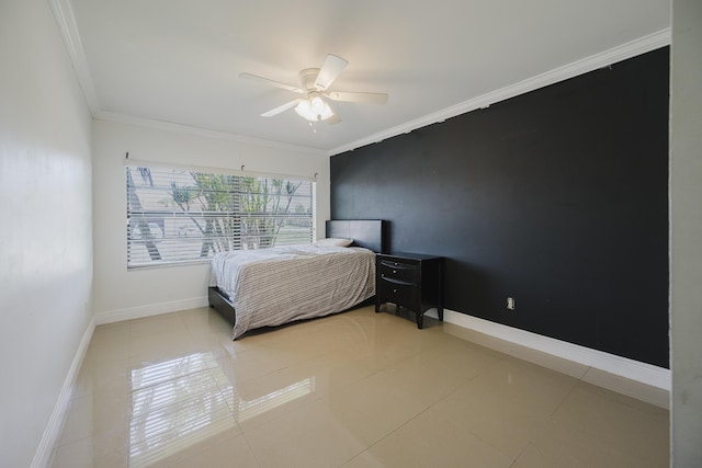 5402 Bonky Ct Unit 102B, West Palm Beach, FL 33415 - bedroom featuring ornamental molding, baseboards, ceiling fan, and light tile patterned floors