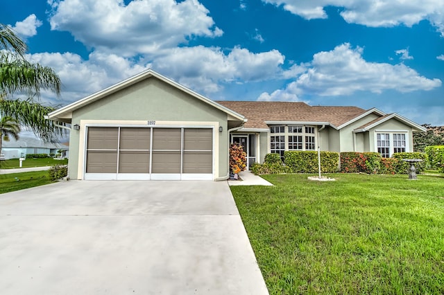 3892 SW Jablo St, Port Saint Lucie, FL 34953 - ranch-style house featuring stucco siding, a front lawn, an attached garage, and driveway