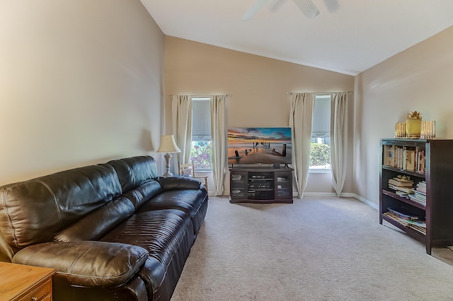 3892 SW Jablo St, Port Saint Lucie, FL 34953 - carpeted living room featuring vaulted ceiling, ceiling fan, and baseboards