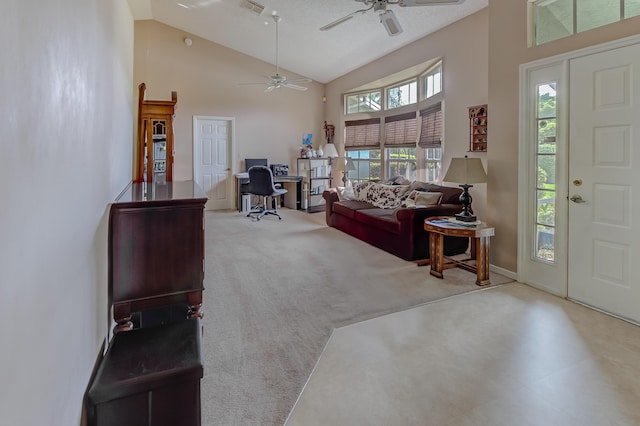 3892 SW Jablo St, Port Saint Lucie, FL 34953 - carpeted living area with ceiling fan, a desk, high vaulted ceiling, and baseboards