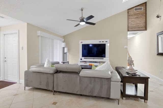 9844 Boca Gardens Cir N Unit D, Boca Raton, FL 33496 - living room featuring ceiling fan, baseboards, tile patterned flooring, and high vaulted ceiling