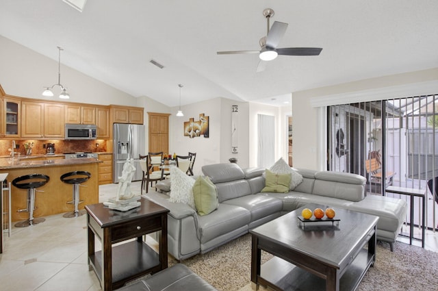 9844 Boca Gardens Cir N Unit D, Boca Raton, FL 33496 - living room with vaulted ceiling, a ceiling fan, and light tile patterned floors