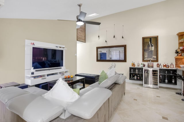 9844 Boca Gardens Cir N Unit D, Boca Raton, FL 33496 - tiled living room featuring beverage cooler, a ceiling fan, a bar, and high vaulted ceiling