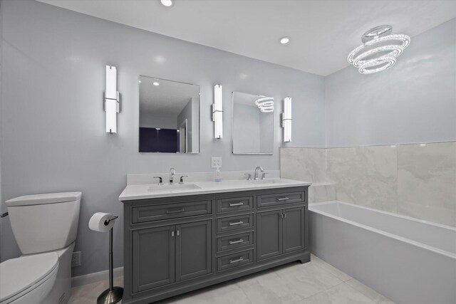 11038 Monet Ln, Palm Beach Gardens, FL 33410 - full bathroom with double vanity, a garden tub, recessed lighting, and marble finish floors