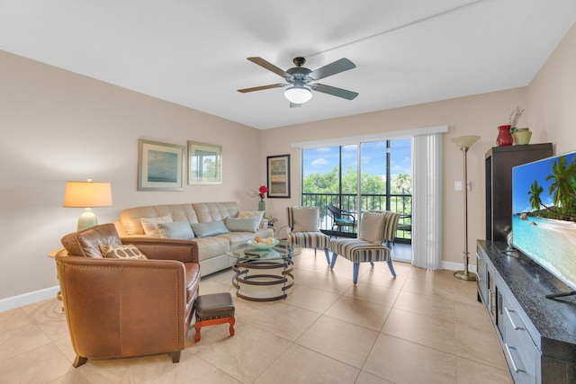 14375 Strathmore Ln Unit 306, Delray Beach, FL 33446 - living room featuring a ceiling fan and light tile patterned flooring