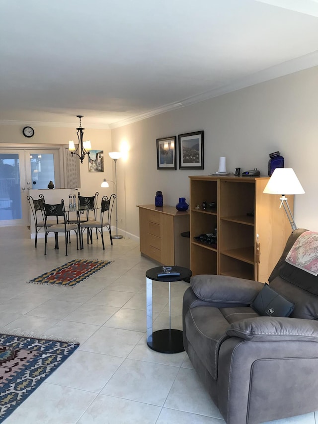 300 E Royal Palm Rd Unit 42B, Boca Raton, FL 33432 - living room with a chandelier, crown molding, and light tile patterned floors