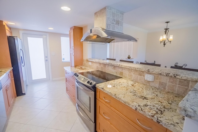 300 E Royal Palm Rd Unit 42B, Boca Raton, FL 33432 - kitchen with appliances with stainless steel finishes, wall chimney exhaust hood, decorative backsplash, light stone counters, and light tile patterned floors