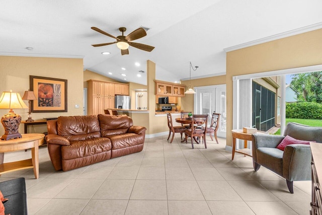 9556 E Lake Dr, Boca Raton, FL 33434 - living room featuring vaulted ceiling, ornamental molding, ceiling fan, light tile patterned flooring, and recessed lighting