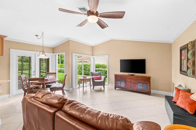 9556 E Lake Dr, Boca Raton, FL 33434 - living area with light tile patterned flooring, plenty of natural light, lofted ceiling, ornamental molding, and a ceiling fan