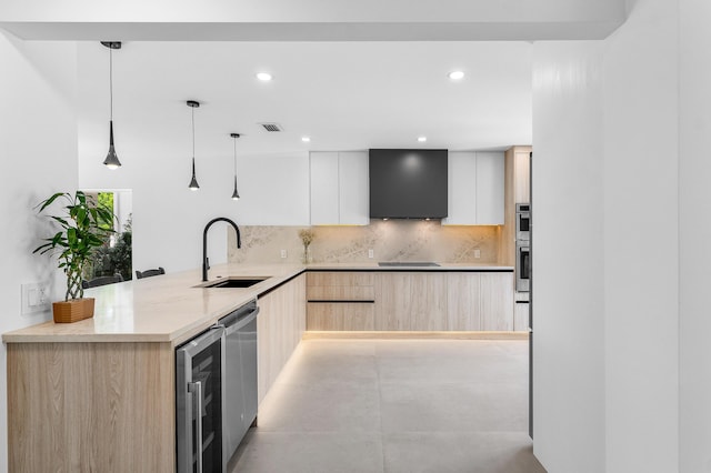 6734 Canary Palm Cir, Boca Raton, FL 33433 - kitchen featuring modern cabinets, a sink, light brown cabinets, beverage cooler, and extractor fan