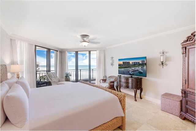 19850 Beach Rd Unit 8D, Jupiter, FL 33469 - bedroom featuring access to exterior, baseboards, ornamental molding, and a ceiling fan