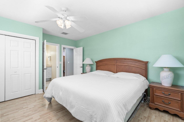 2070 NE 27th St, Lighthouse Point, FL 33064 - bedroom with a closet, light wood-type flooring, a ceiling fan, and ensuite bath