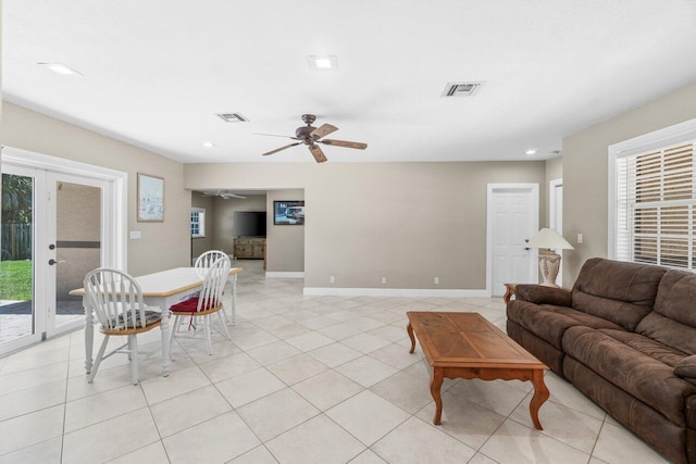 2070 NE 27th St, Lighthouse Point, FL 33064 - living area featuring ceiling fan, light tile patterned floors, and recessed lighting