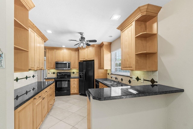 2070 NE 27th St, Lighthouse Point, FL 33064 - kitchen featuring open shelves, black appliances, a peninsula, tasteful backsplash, and ceiling fan