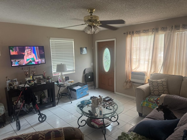 4601 Lake Ave, West Palm Beach, FL 33405 - living room with light tile patterned floors, ceiling fan, and a textured ceiling
