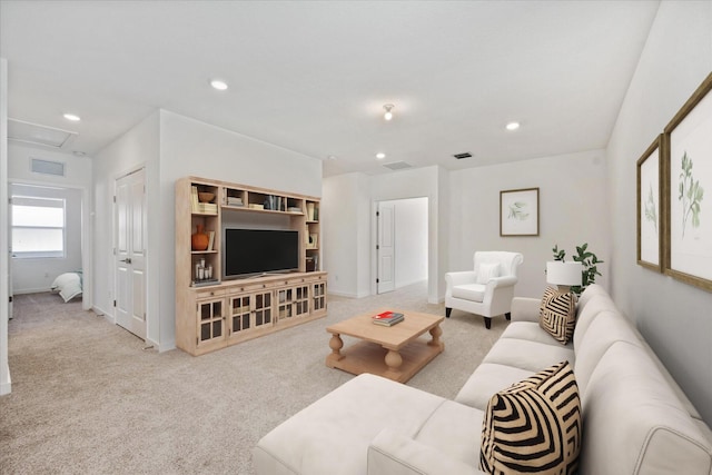 18478 Claybrook St, Jupiter, FL 33458 - living room with light colored carpet, recessed lighting, baseboards, and attic access