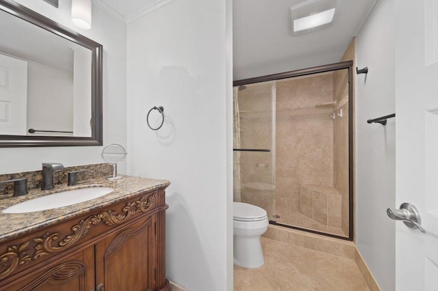 8750 S Ocean Dr Unit 731, Jensen Beach, FL 34957 - bathroom featuring toilet, a stall shower, vanity, tile patterned flooring, and crown molding