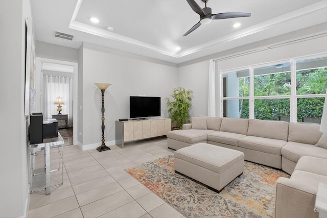 4652 Saxon Rd, Coconut Creek, FL 33073 - living area with light tile patterned flooring, a tray ceiling, ceiling fan, baseboards, and recessed lighting