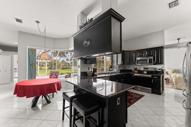 165 SE Osprey Rdg, Port Saint Lucie, FL 34984 - kitchen with stainless steel appliances, dark cabinets, a sink, a peninsula, and dark stone counters