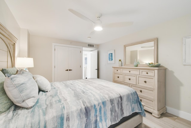 123 Lakeshore Dr Unit 1145, North Palm Beach, FL 33408 - bedroom with a ceiling fan, baseboards, a closet, and light wood-style flooring