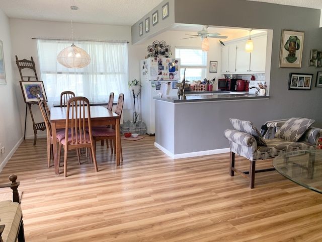 76 Chatham D, West Palm Beach, FL 33417 - dining area with light wood finished floors, a ceiling fan, and baseboards