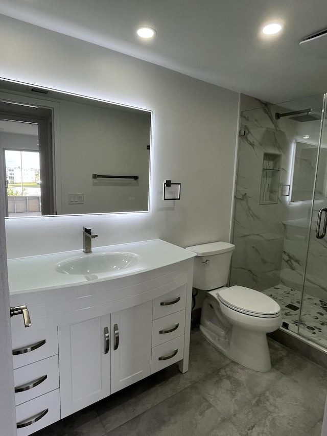 3033 Wolverton B, Boca Raton, FL 33434 - bathroom featuring vanity, a marble finish shower, recessed lighting, and marble finish flooring