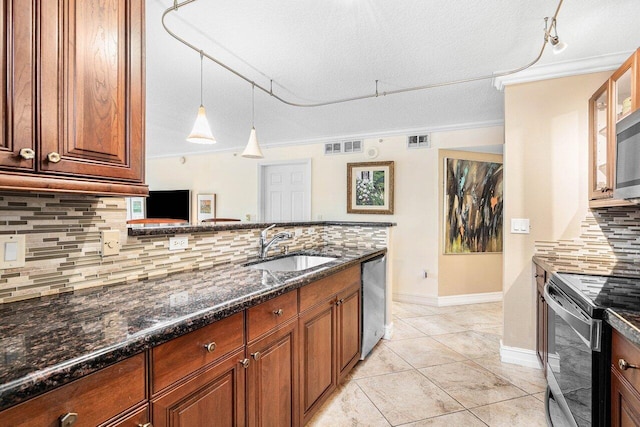 3606 S Ocean Blvd Unit 201, Highland Beach, FL 33487 - kitchen featuring tasteful backsplash, dishwasher, black range with electric cooktop, a sink, and dark stone countertops