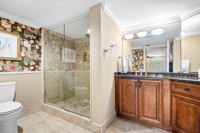 3606 S Ocean Blvd Unit 201, Highland Beach, FL 33487 - bathroom with ornamental molding, toilet, baseboards, vanity, and a shower stall