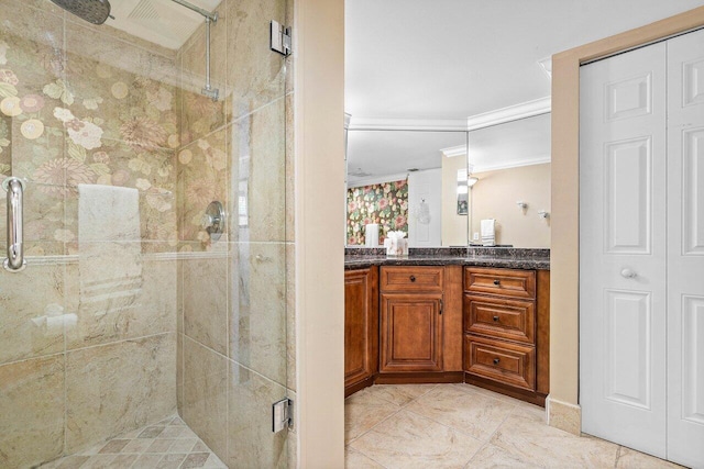 3606 S Ocean Blvd Unit 201, Highland Beach, FL 33487 - full bath featuring crown molding, a shower stall, and vanity