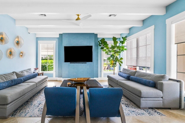 3606 S Ocean Blvd Unit 201, Highland Beach, FL 33487 - tiled living room featuring beamed ceiling and baseboards