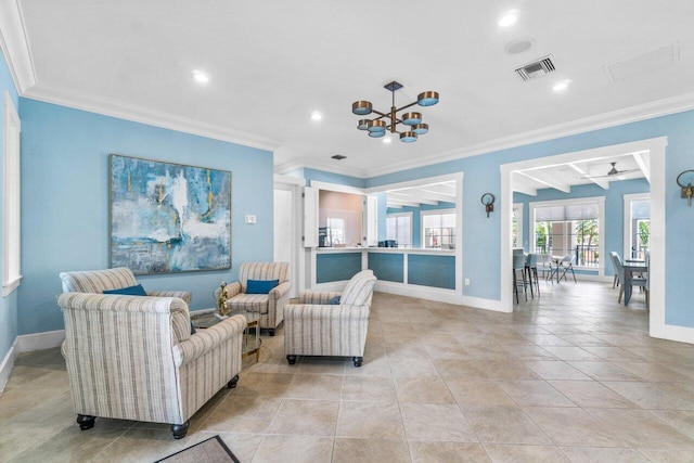 3606 S Ocean Blvd Unit 201, Highland Beach, FL 33487 - living room with a chandelier, crown molding, baseboards, and recessed lighting