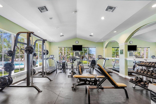 3606 S Ocean Blvd Unit 201, Highland Beach, FL 33487 - gym with lofted ceiling, recessed lighting, and arched walkways