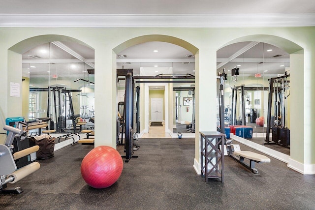 3606 S Ocean Blvd Unit 201, Highland Beach, FL 33487 - workout area featuring crown molding, beam ceiling, and coffered ceiling