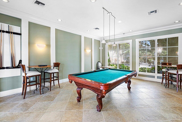 3606 S Ocean Blvd Unit 201, Highland Beach, FL 33487 - game room with ornamental molding, billiards table, recessed lighting, baseboards, and stone finish floors
