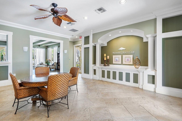 3606 S Ocean Blvd Unit 201, Highland Beach, FL 33487 - dining space with ornate columns, ornamental molding, a ceiling fan, recessed lighting, and stone tile floors