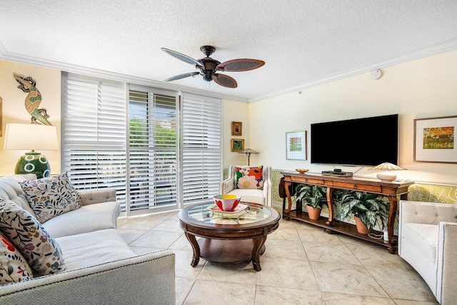 3606 S Ocean Blvd Unit 201, Highland Beach, FL 33487 - living area with ornamental molding, a ceiling fan, a textured ceiling, and tile patterned floors