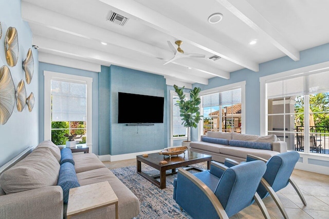 3606 S Ocean Blvd Unit 201, Highland Beach, FL 33487 - living area with beam ceiling, ceiling fan, baseboards, light tile patterned floors, and recessed lighting