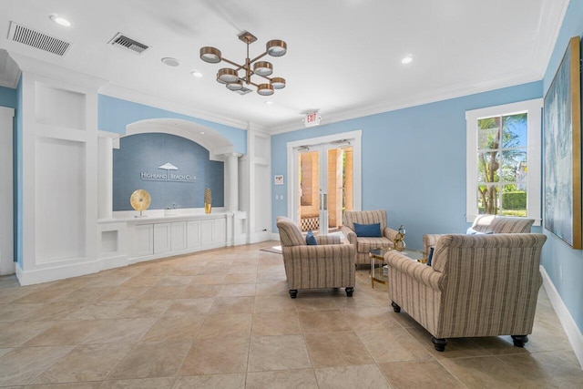 3606 S Ocean Blvd Unit 201, Highland Beach, FL 33487 - living area featuring ornamental molding, a chandelier, recessed lighting, baseboards, and french doors
