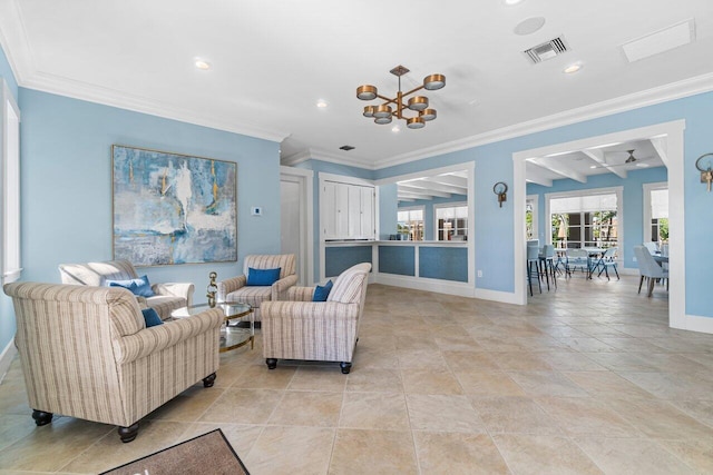 3606 S Ocean Blvd Unit 201, Highland Beach, FL 33487 - living area with baseboards, a chandelier, ornamental molding, and recessed lighting