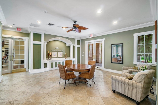 3606 S Ocean Blvd Unit 201, Highland Beach, FL 33487 - dining room featuring french doors, ornamental molding, a ceiling fan, recessed lighting, and baseboards