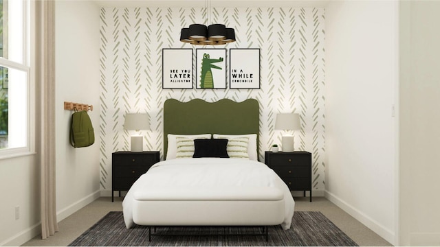 19171 Wood Stork Way, Loxahatchee, FL 33470 - bedroom featuring an accent wall, wallpapered walls, baseboards, and light carpet