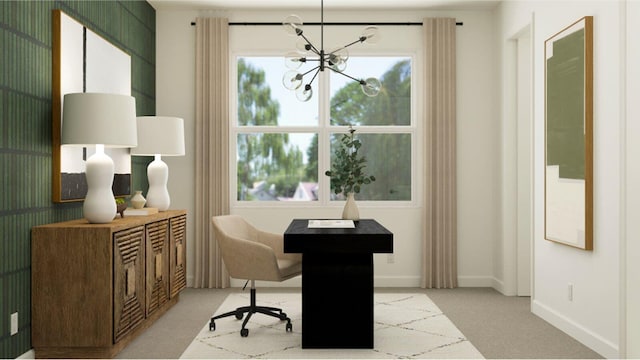 19171 Wood Stork Way, Loxahatchee, FL 33470 - home office with a chandelier, light colored carpet, and baseboards