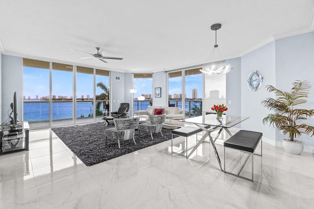 2650 Lake Shore Dr Unit 406, Riviera Beach, FL 33404 - dining room with a wall of windows, ceiling fan, ornamental molding, a water view, and a chandelier