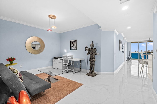 2650 Lake Shore Dr Unit 406, Riviera Beach, FL 33404 - office with crown molding, marble tiled floors, and recessed lighting