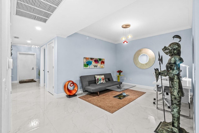 2650 Lake Shore Dr Unit 406, Riviera Beach, FL 33404 - living area with crown molding and light marble finish flooring