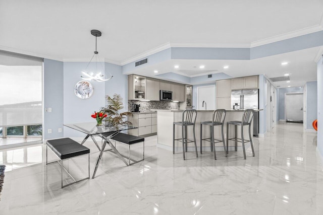 2650 Lake Shore Dr Unit 406, Riviera Beach, FL 33404 - dining room with crown molding, light marble finish flooring, a chandelier, and recessed lighting