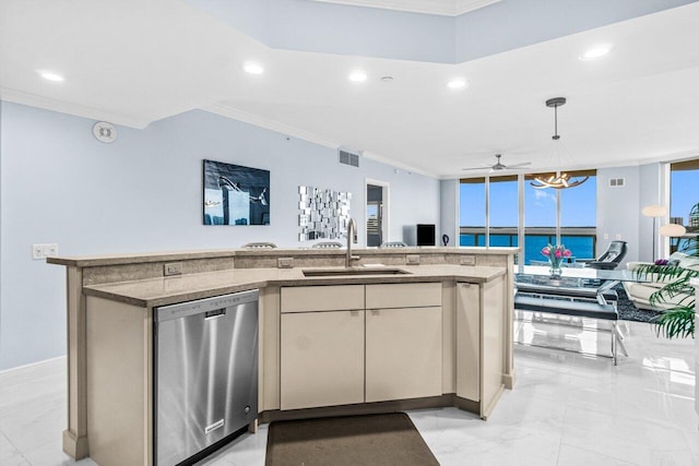 2650 Lake Shore Dr Unit 406, Riviera Beach, FL 33404 - kitchen with dishwasher, ornamental molding, recessed lighting, open floor plan, and decorative light fixtures