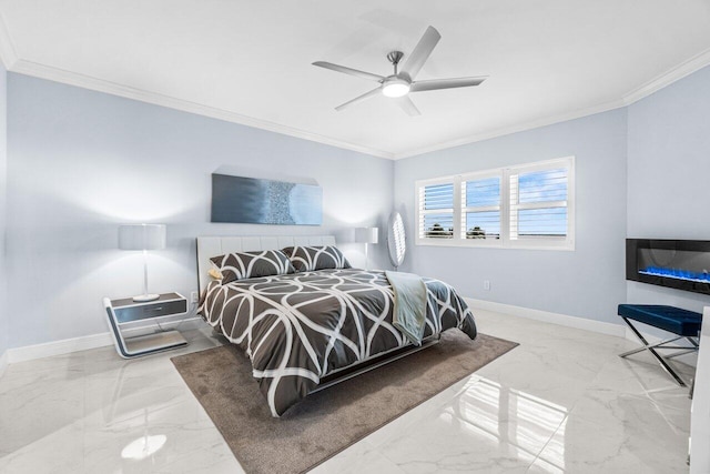 2650 Lake Shore Dr Unit 406, Riviera Beach, FL 33404 - bedroom featuring crown molding, marble finish floors, ceiling fan, and a glass covered fireplace