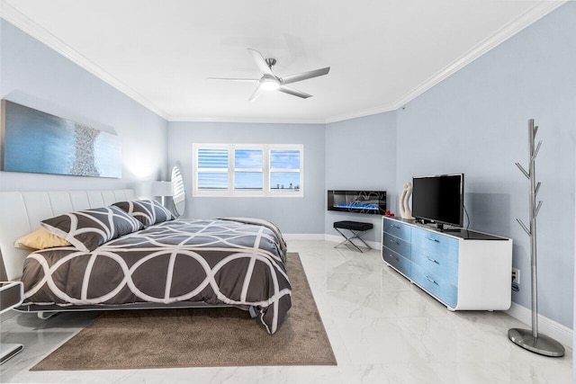 2650 Lake Shore Dr Unit 406, Riviera Beach, FL 33404 - bedroom with ornamental molding, marble finish flooring, and ceiling fan