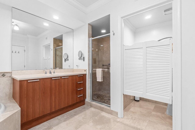2650 Lake Shore Dr Unit 406, Riviera Beach, FL 33404 - bathroom featuring crown molding, a stall shower, vanity, a tub to relax in, and a closet